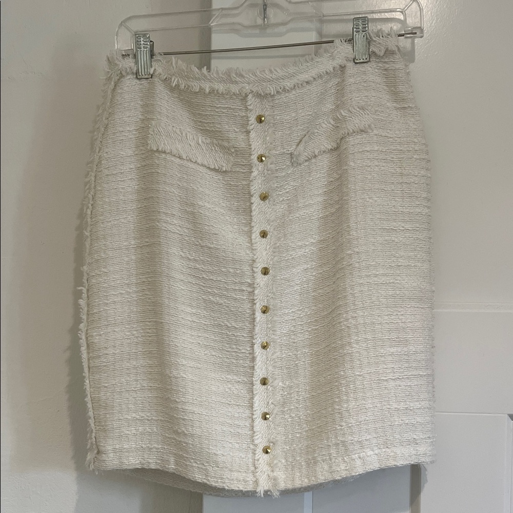 Jennifer Lopez Cream Tweed Pencil Skirt with Gold Buttons